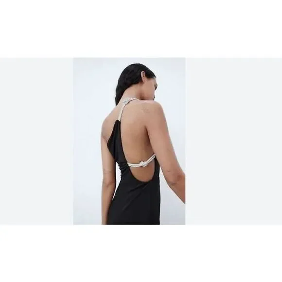 Zara Womens Mini Dress S Black Rhinestone shoulder Ruched Cut Out 7802/636 NWT - Picture 2 of 10